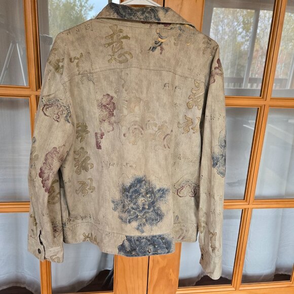 Chico's Design Denim Jacket Size 2 Women's Medium Beige Oriental Print Stretch - Picture 2 of 10